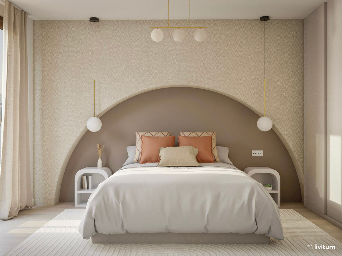 Dormitorio moderno con hornacina de obra como cabecero