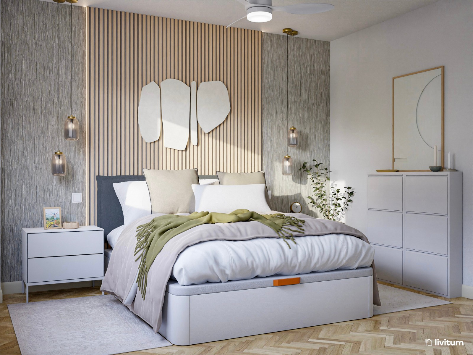 Dormitorio moderno con juego de texturas decorativas en tonos claros