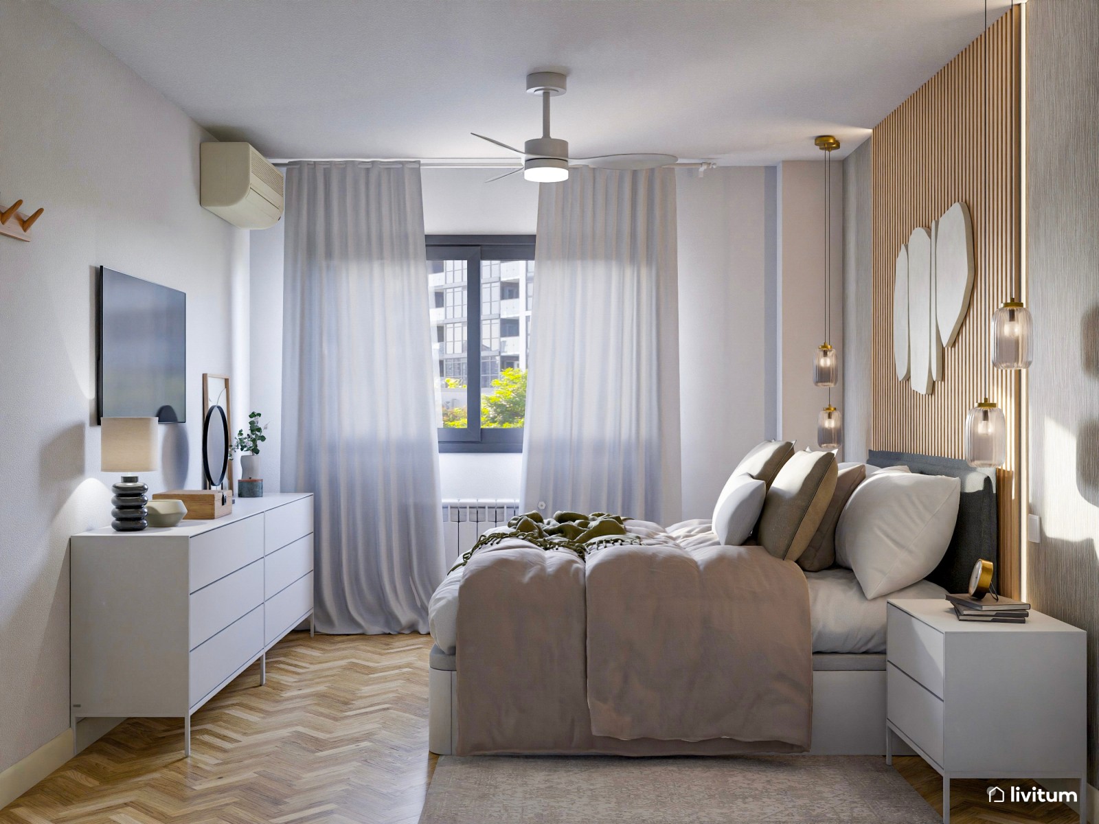 Dormitorio moderno con juego de texturas decorativas en tonos claros