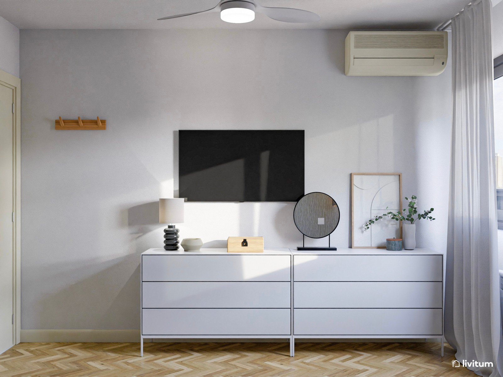 Dormitorio moderno con juego de texturas decorativas en tonos claros