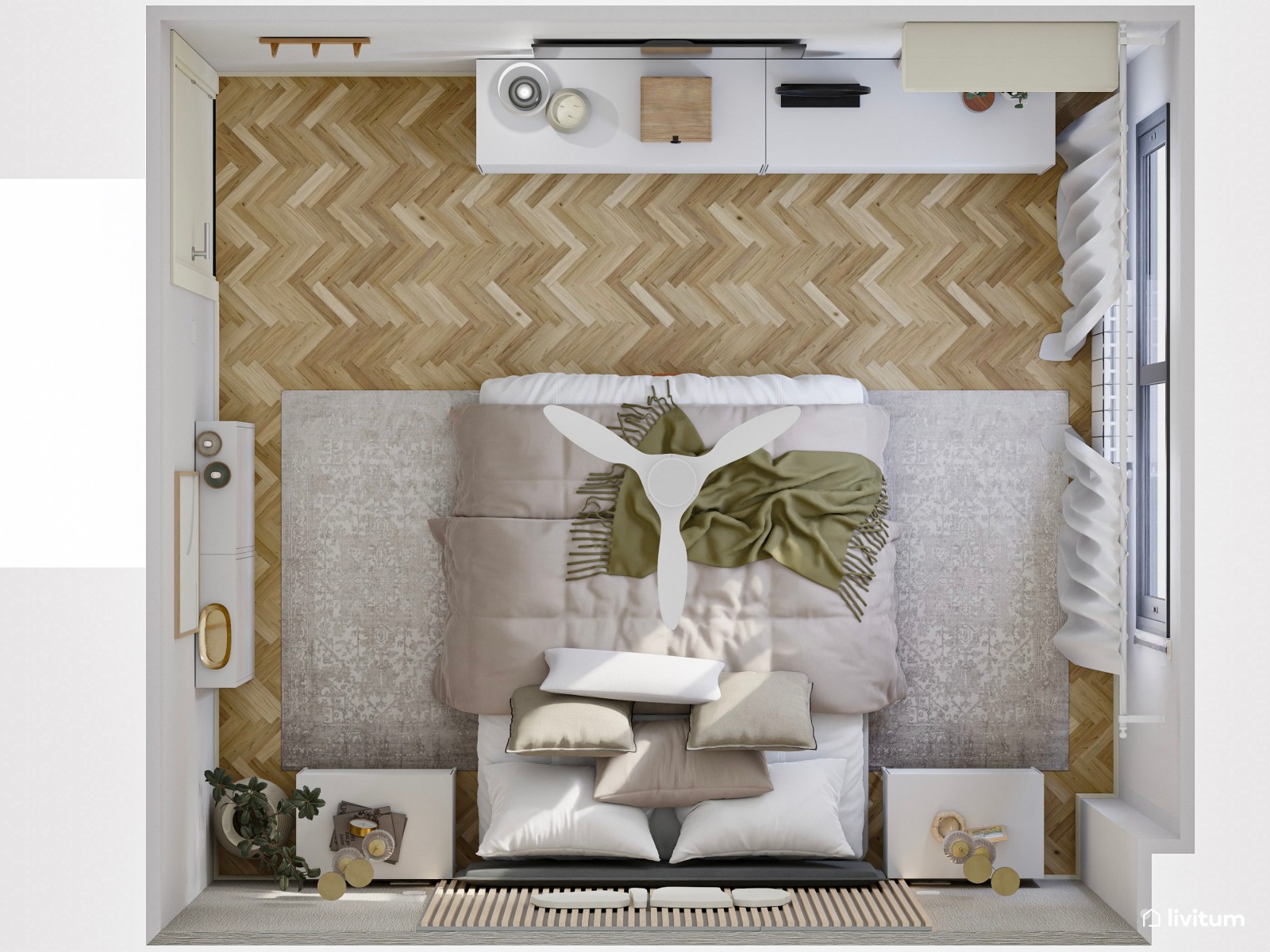 Dormitorio moderno con juego de texturas decorativas en tonos claros