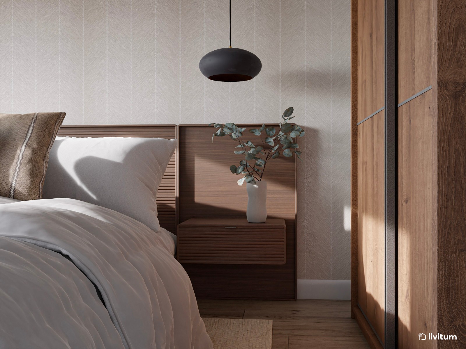 Dormitorio moderno con muebles de madera oscura y detalles en negro