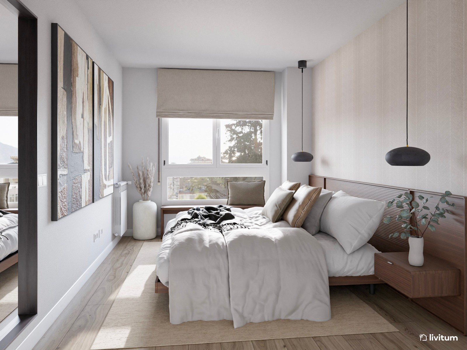 Dormitorio moderno con muebles de madera oscura y detalles en negro