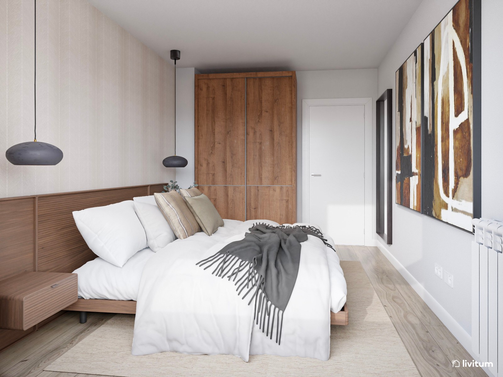 Dormitorio moderno con muebles de madera oscura y detalles en negro