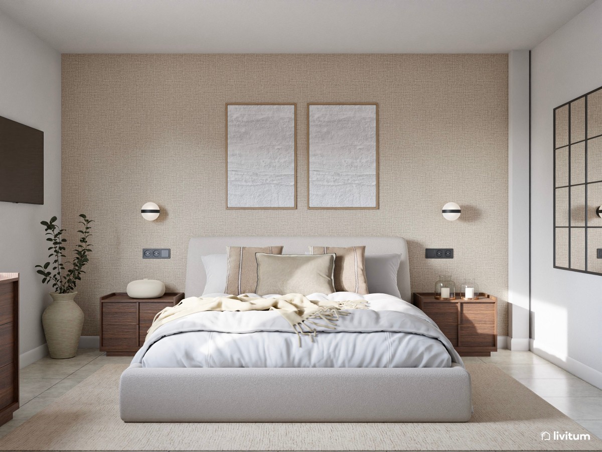 Dormitorio moderno con papel pintado beige y espejos tipo ventana