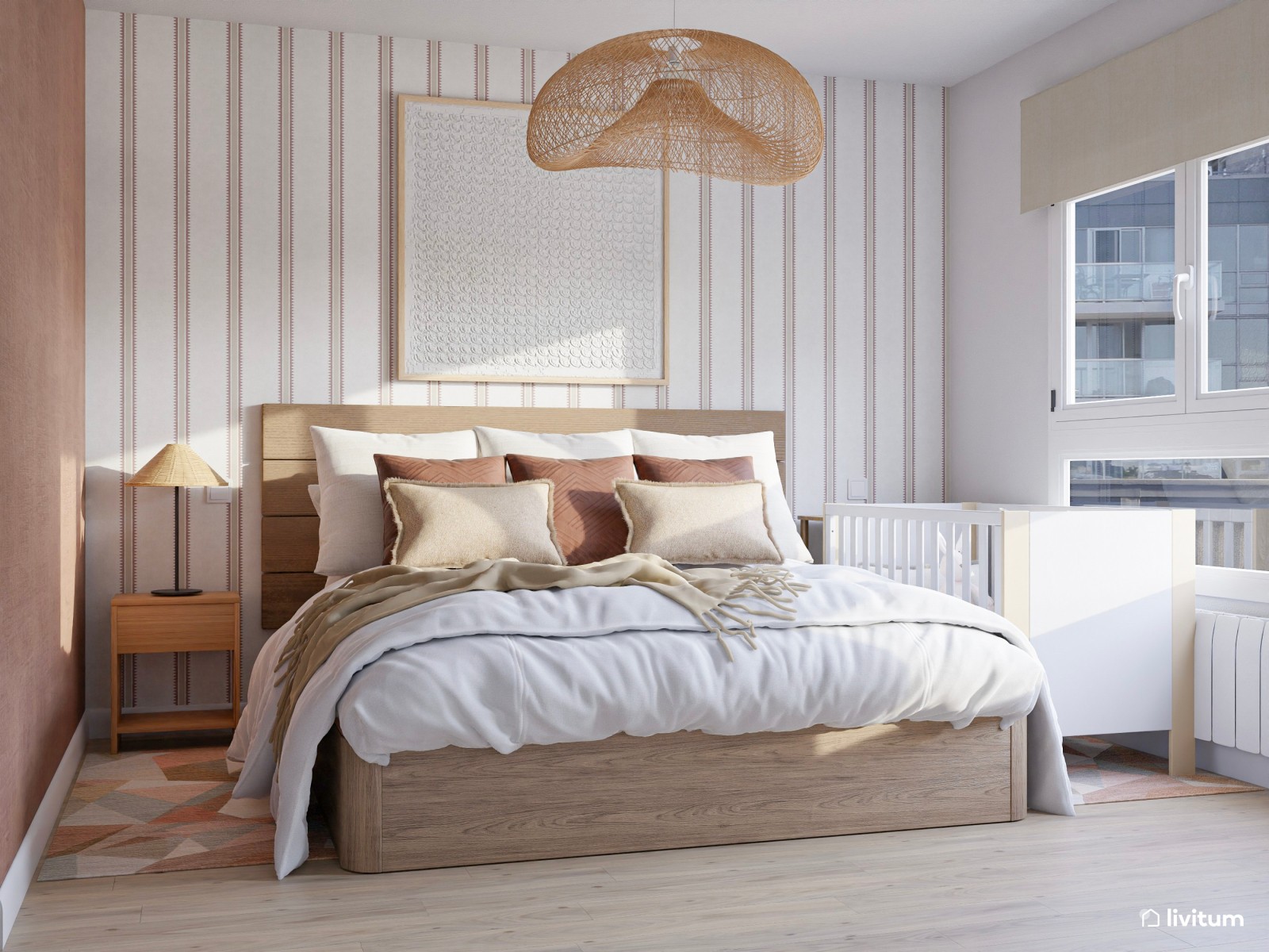 Dormitorio moderno con papel pintado y espacio para el bebé