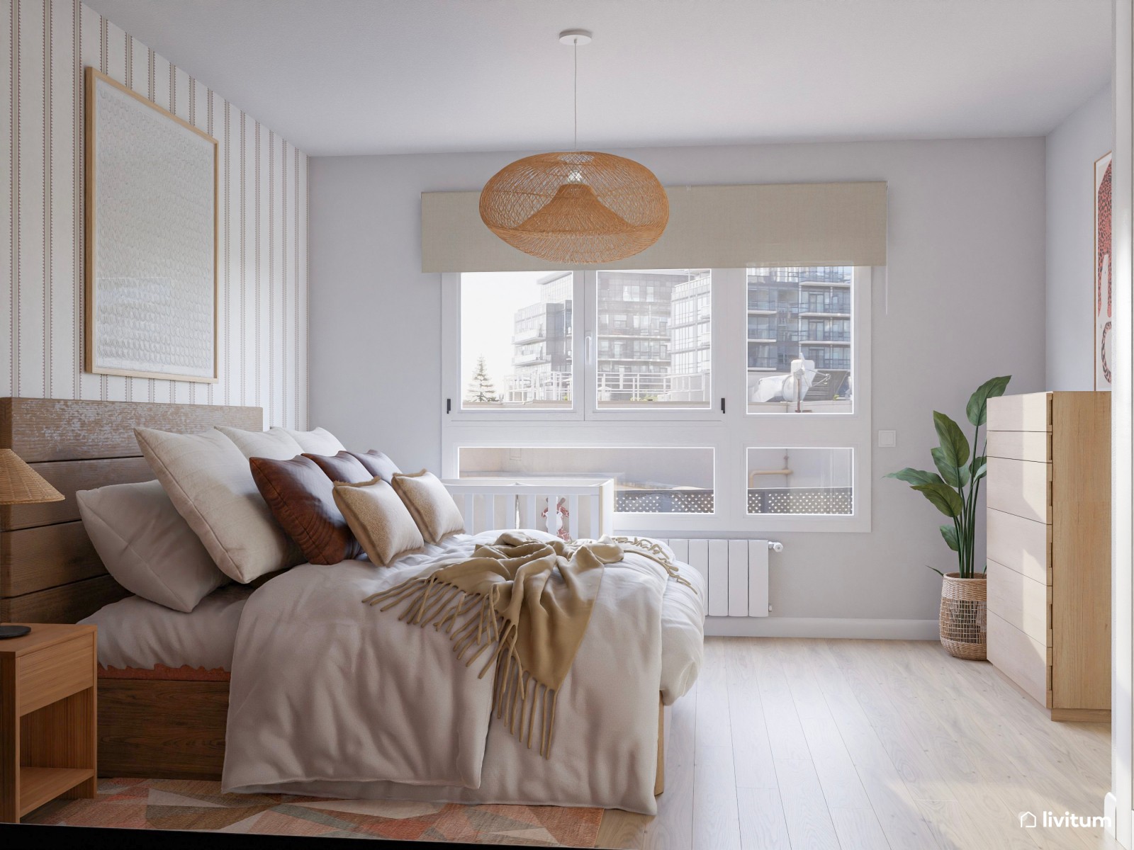 Dormitorio moderno con papel pintado y espacio para el bebé