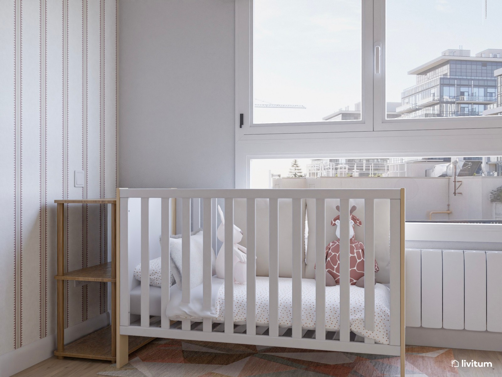 Dormitorio moderno con papel pintado y espacio para el bebé