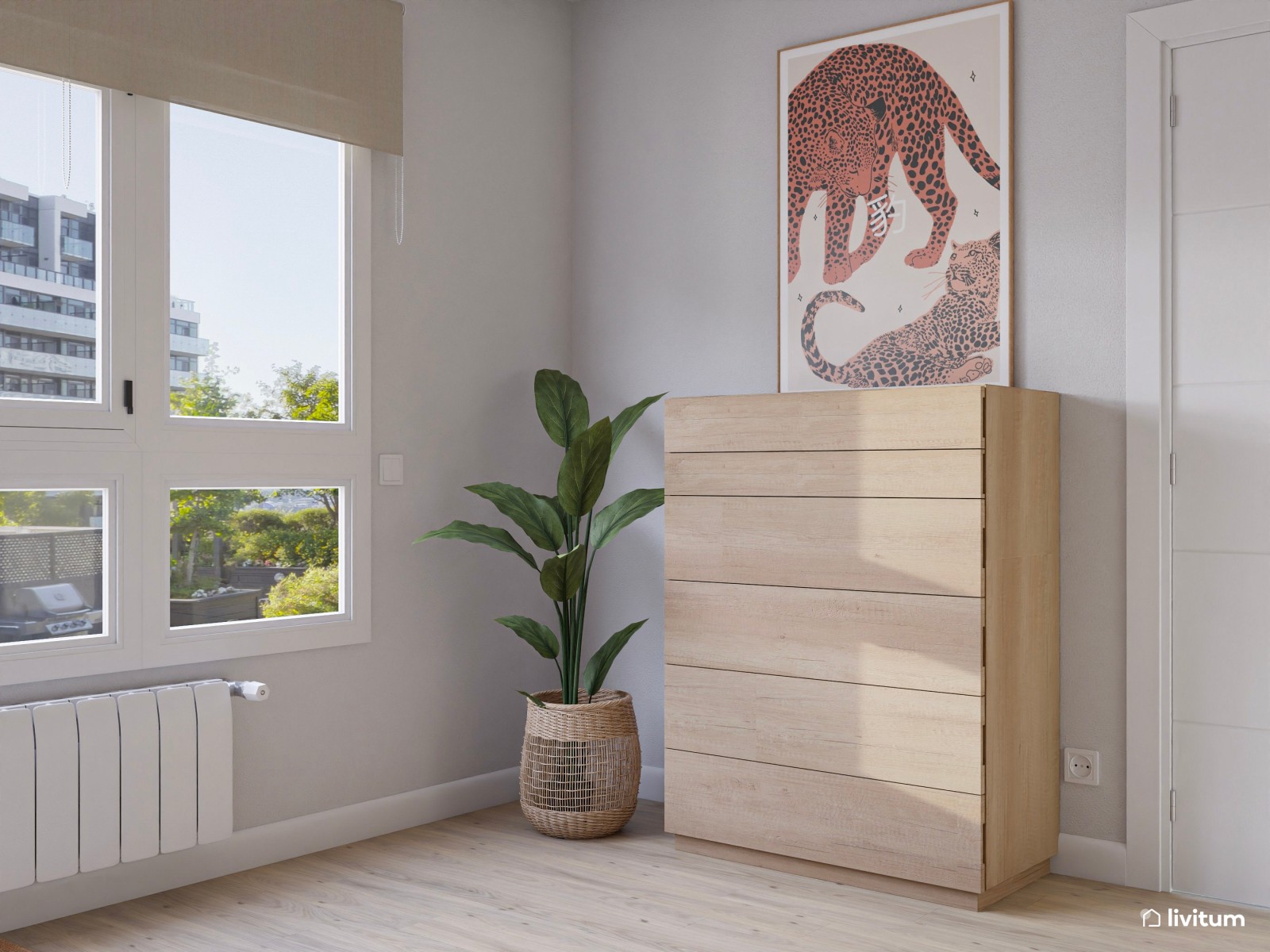 Dormitorio moderno con papel pintado y espacio para el bebé