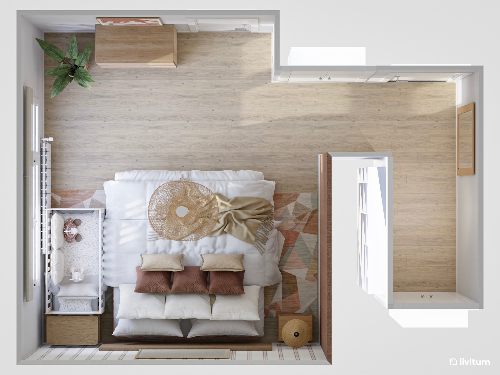 Dormitorio moderno con papel pintado y espacio para el bebé