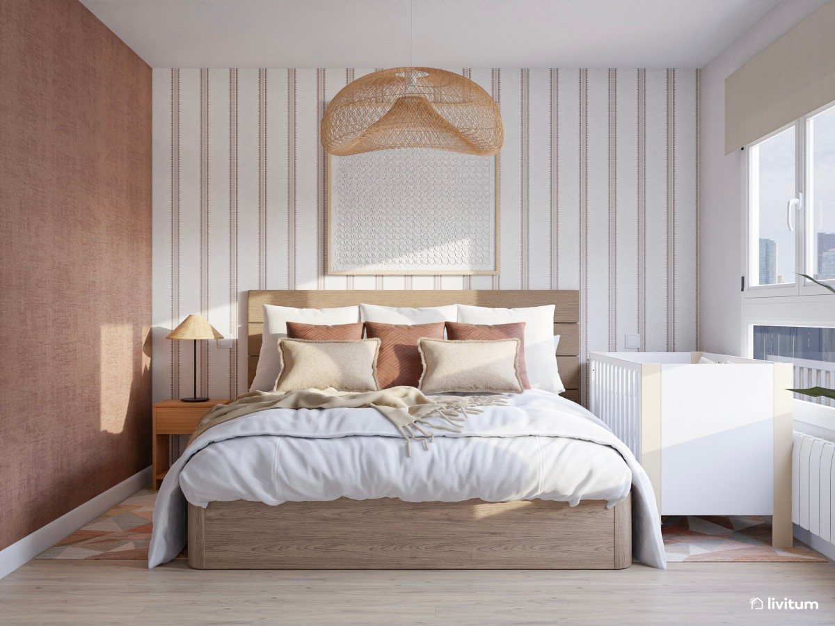 Dormitorio moderno con papel pintado y espacio para el bebé