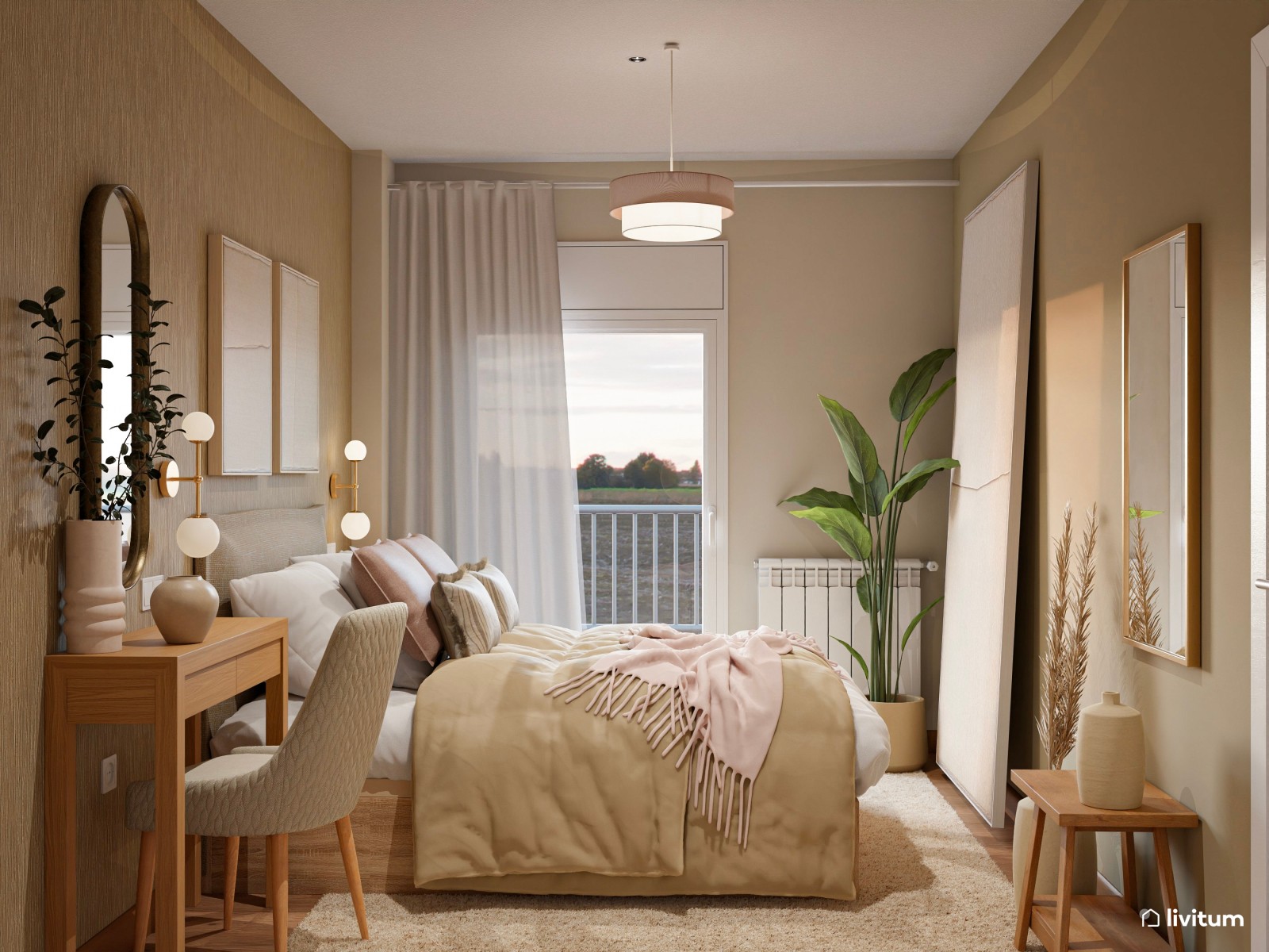 Dormitorio moderno con papel pintado y zona de tocador