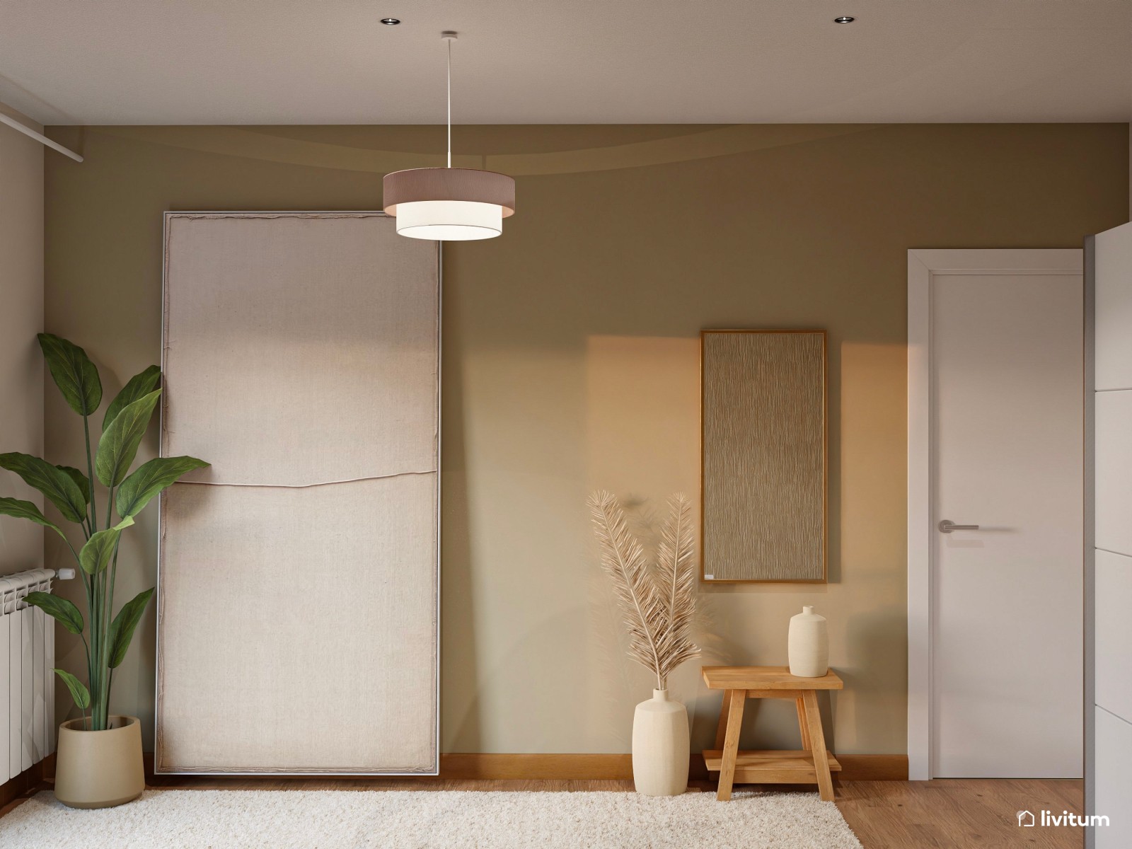 Dormitorio moderno con papel pintado y zona de tocador