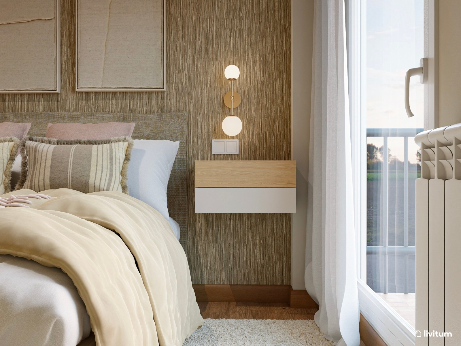 Dormitorio moderno con papel pintado y zona de tocador