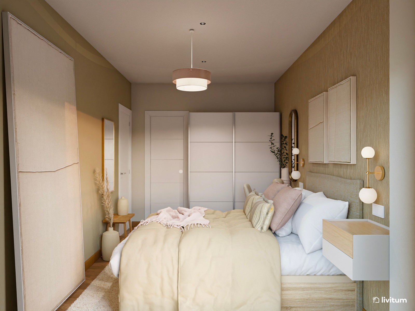 Dormitorio moderno con papel pintado y zona de tocador