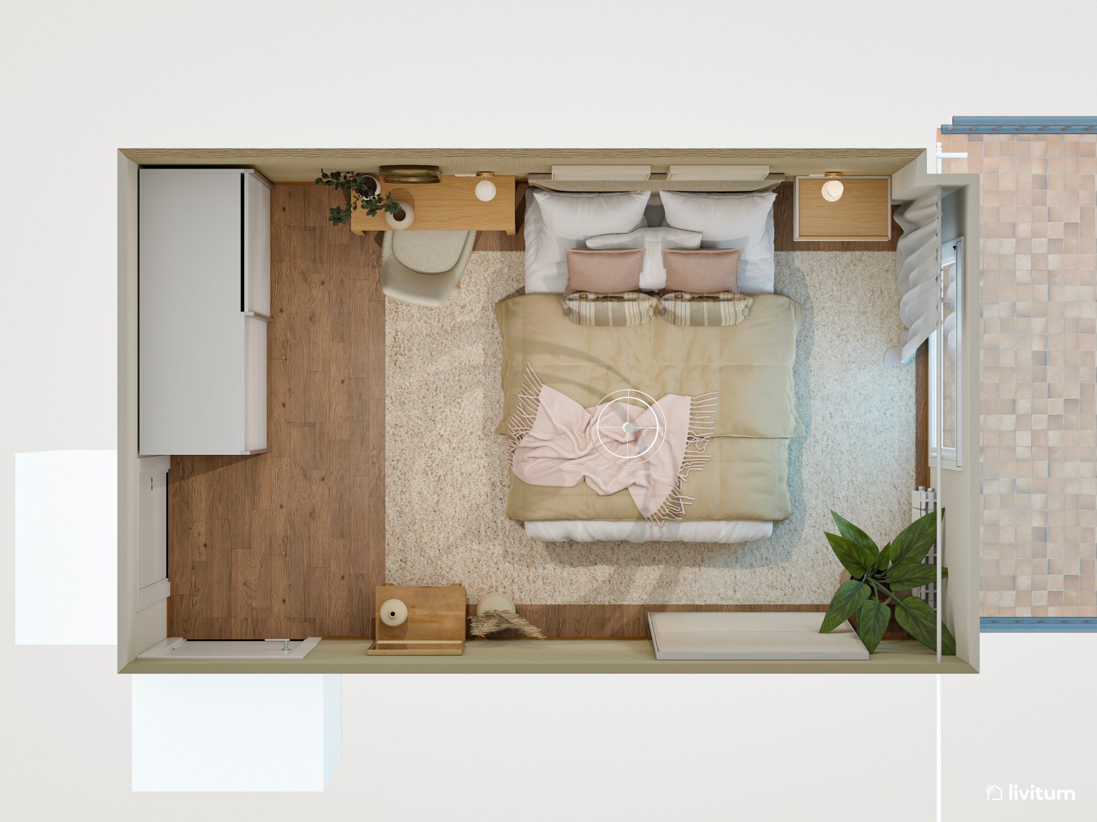 Dormitorio moderno con papel pintado y zona de tocador