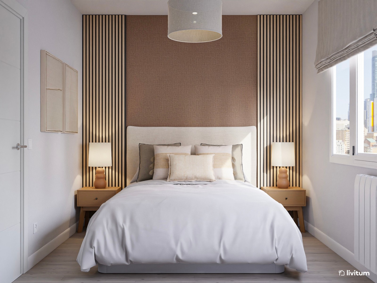 Dormitorio  moderno con pared de papel pintado y paneles de madera 