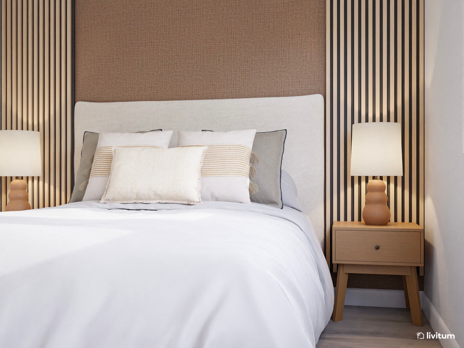 Dormitorio  moderno con pared de papel pintado y paneles de madera 