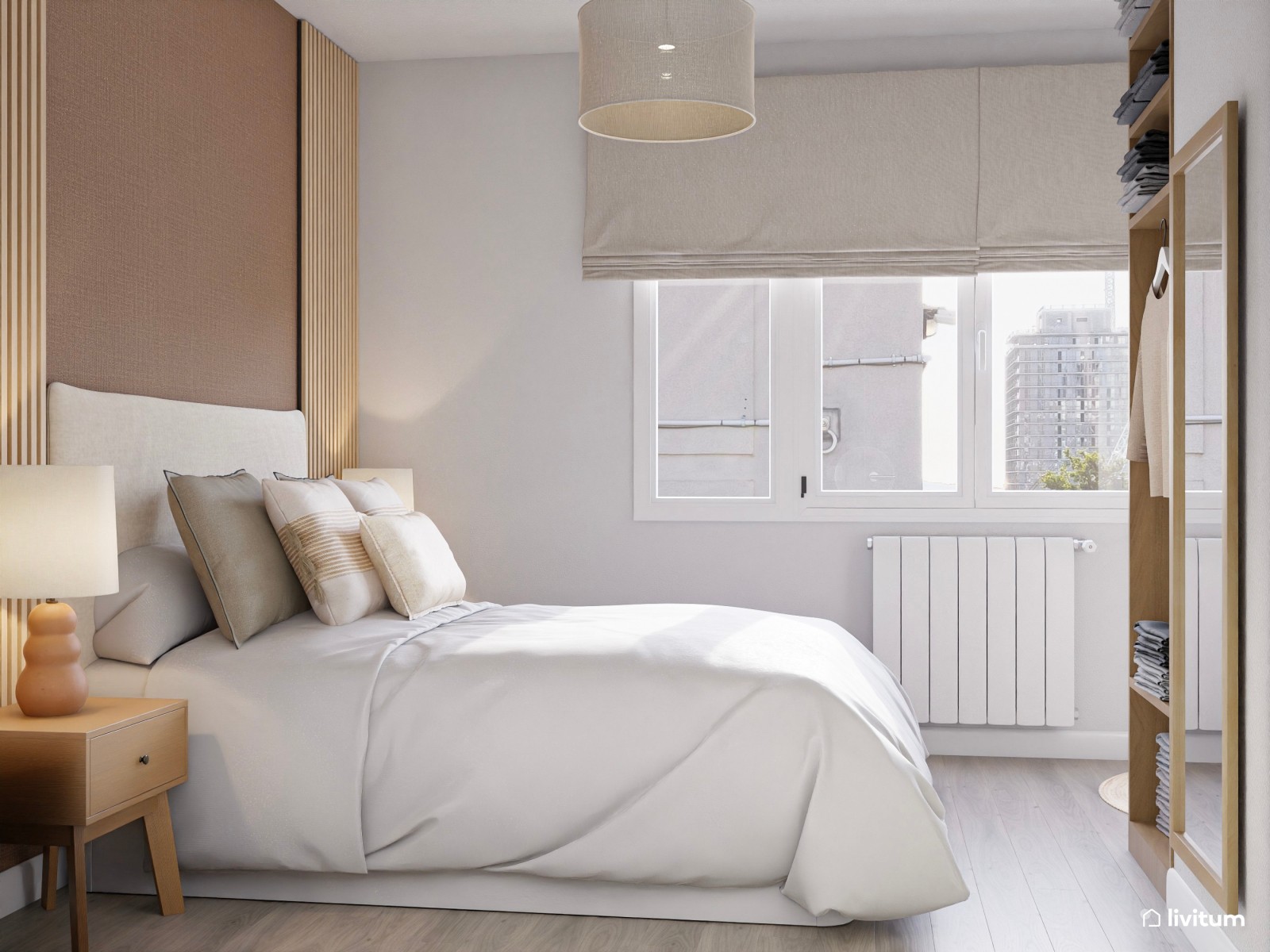 Dormitorio  moderno con pared de papel pintado y paneles de madera 