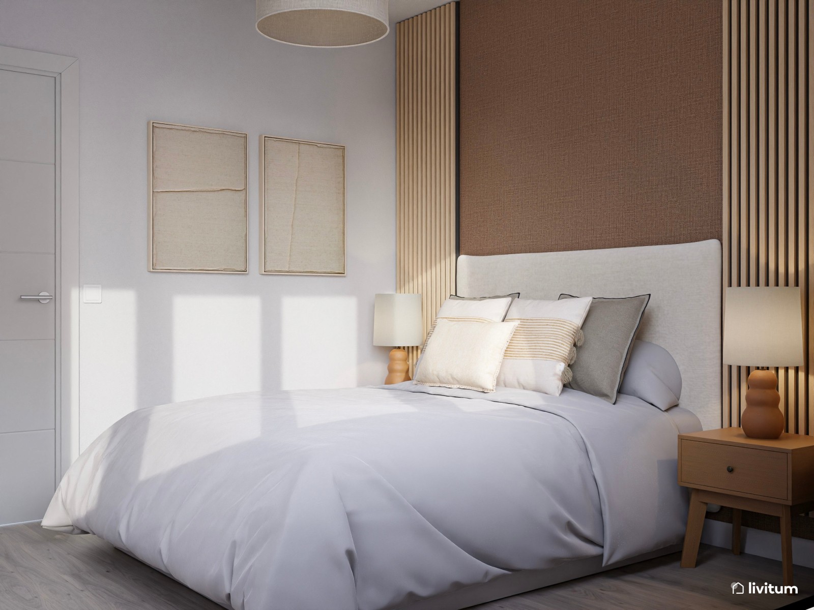 Dormitorio  moderno con pared de papel pintado y paneles de madera 