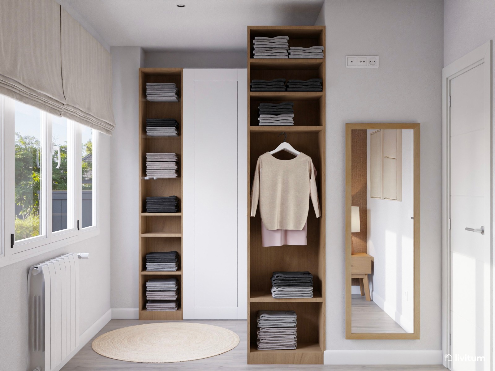 Dormitorio  moderno con pared de papel pintado y paneles de madera 