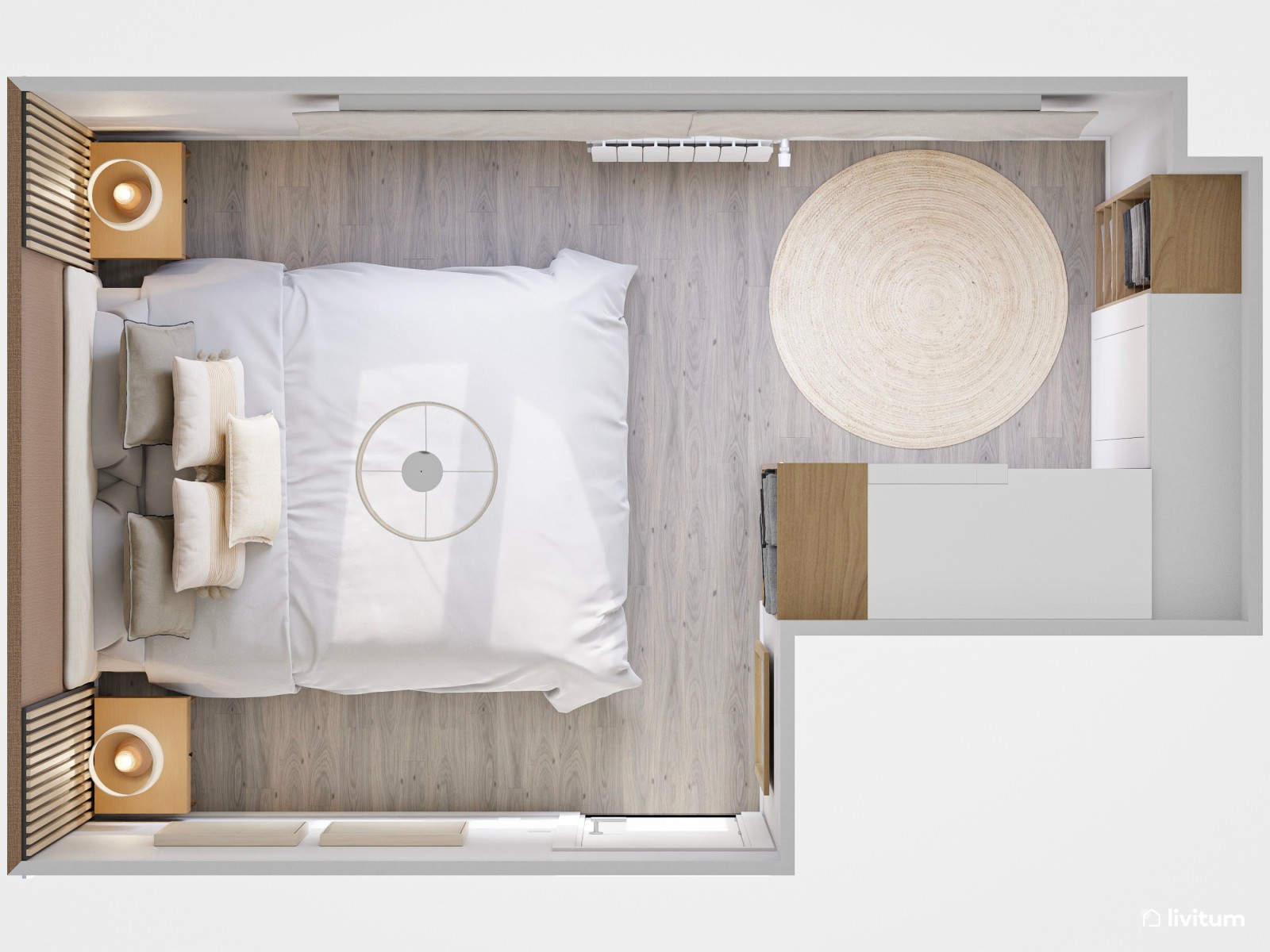 Dormitorio  moderno con pared de papel pintado y paneles de madera 