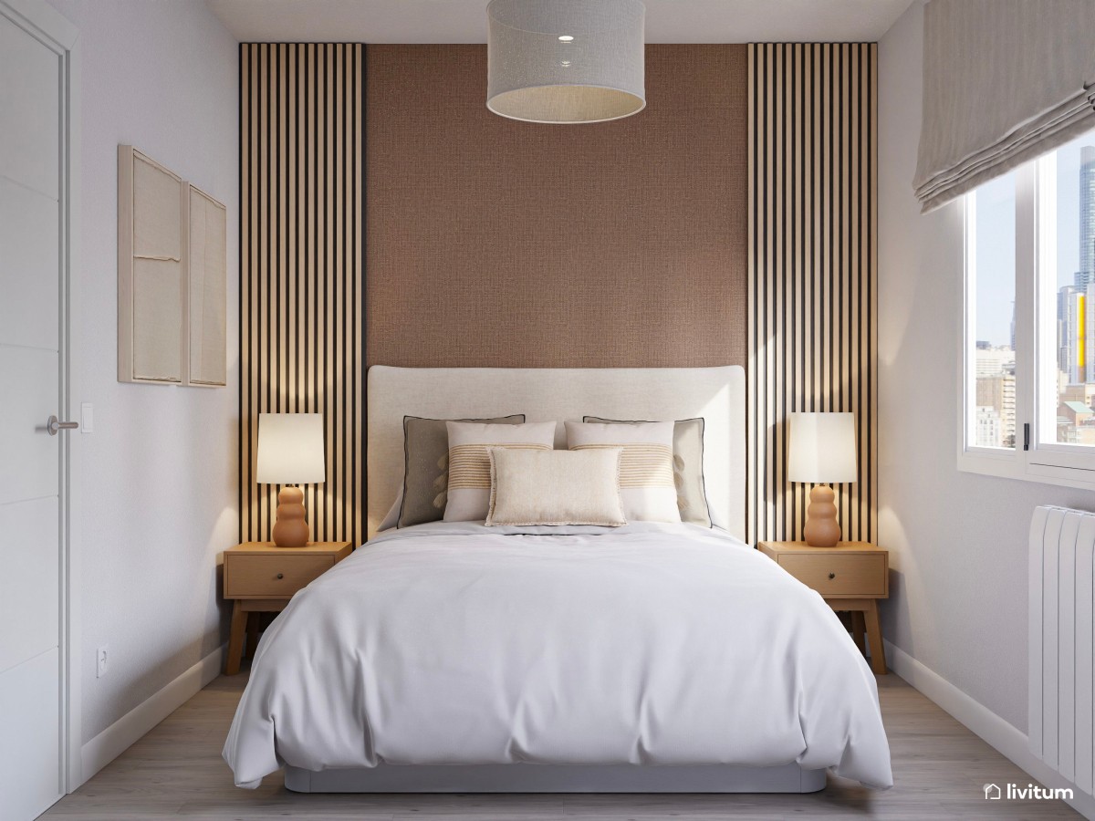 Dormitorio  moderno con pared de papel pintado y paneles de madera