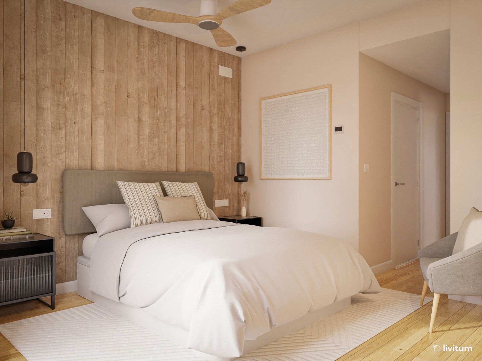 Dormitorio moderno con revestimiento de madera