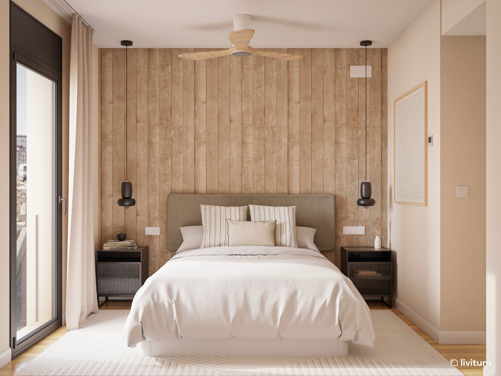 Dormitorio moderno con revestimiento de madera