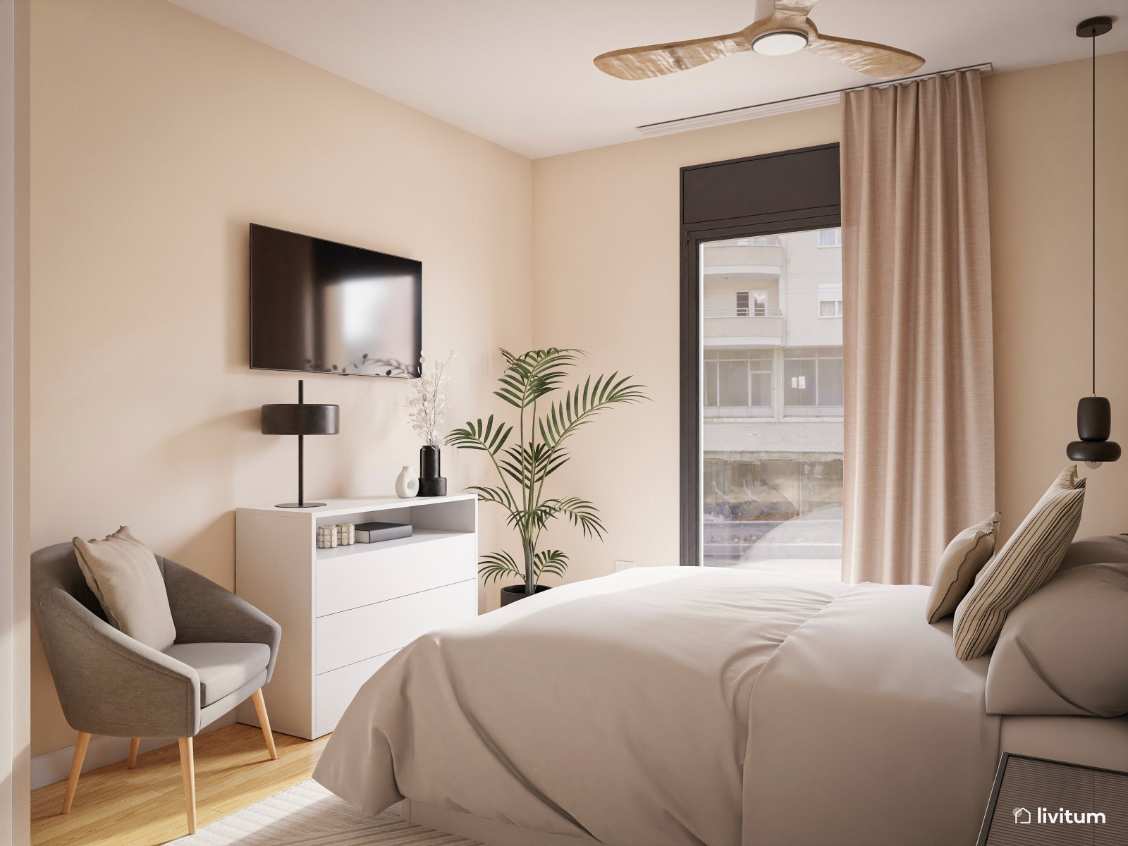 Dormitorio moderno con revestimiento de madera