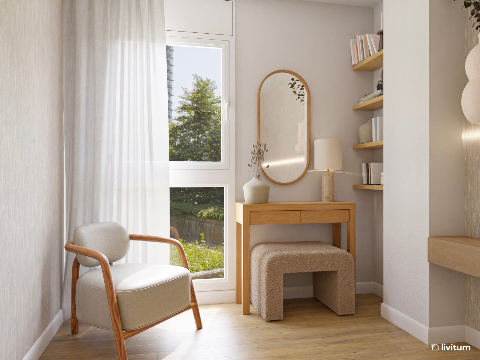 Dormitorio moderno con tocador y muebles tapizados en beige