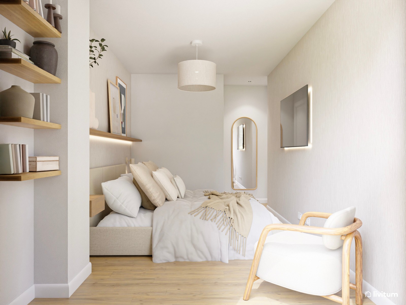 Dormitorio moderno con tocador y muebles tapizados en beige