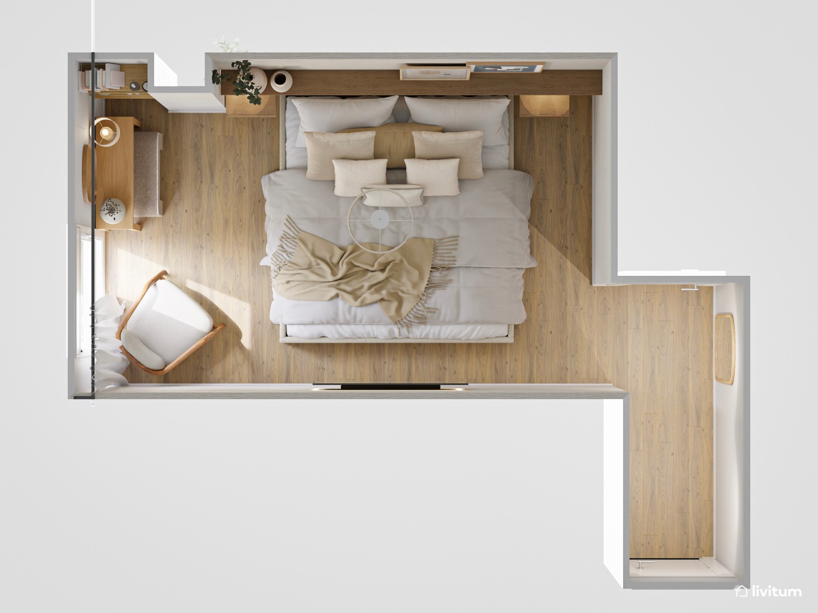 Dormitorio moderno con tocador y muebles tapizados en beige