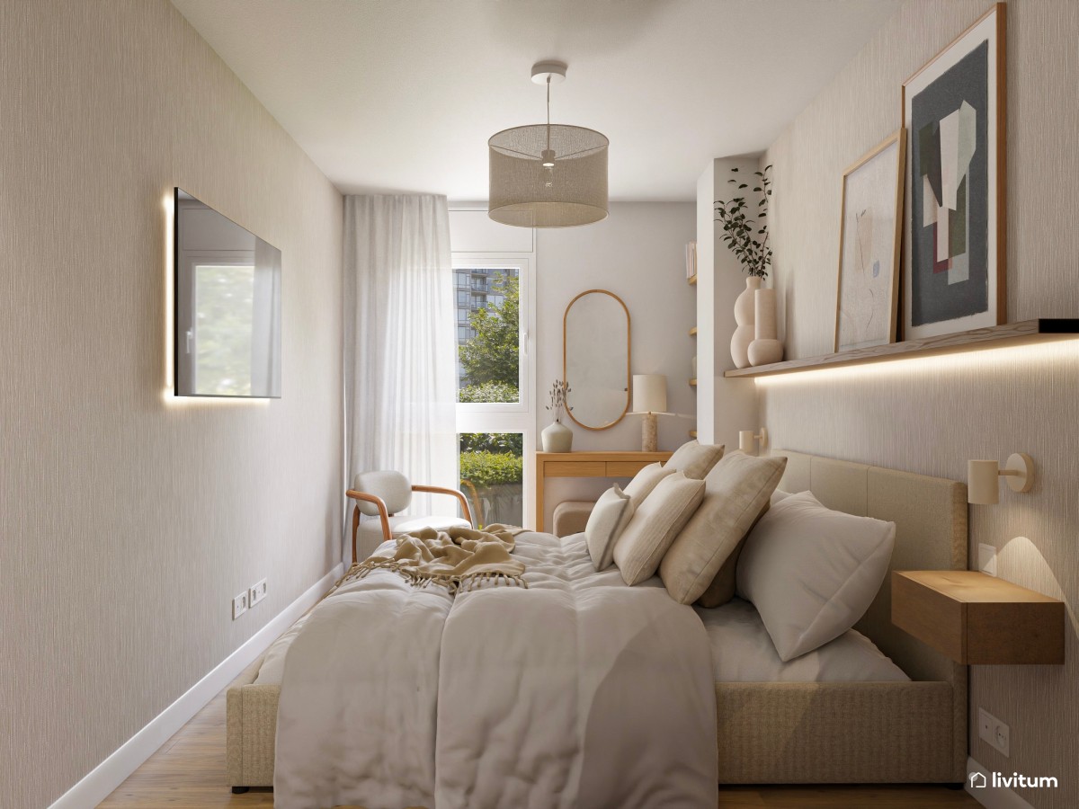 Dormitorio moderno con tocador y muebles tapizados en beige