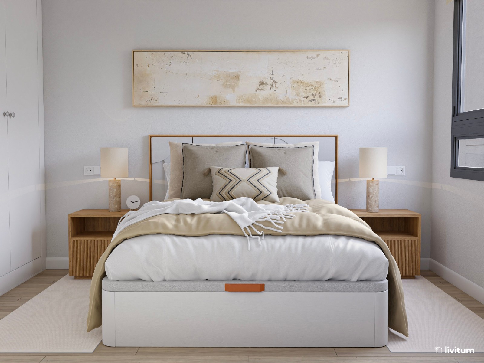 Dormitorio moderno con toques eclécticos y detalles en tonos beige