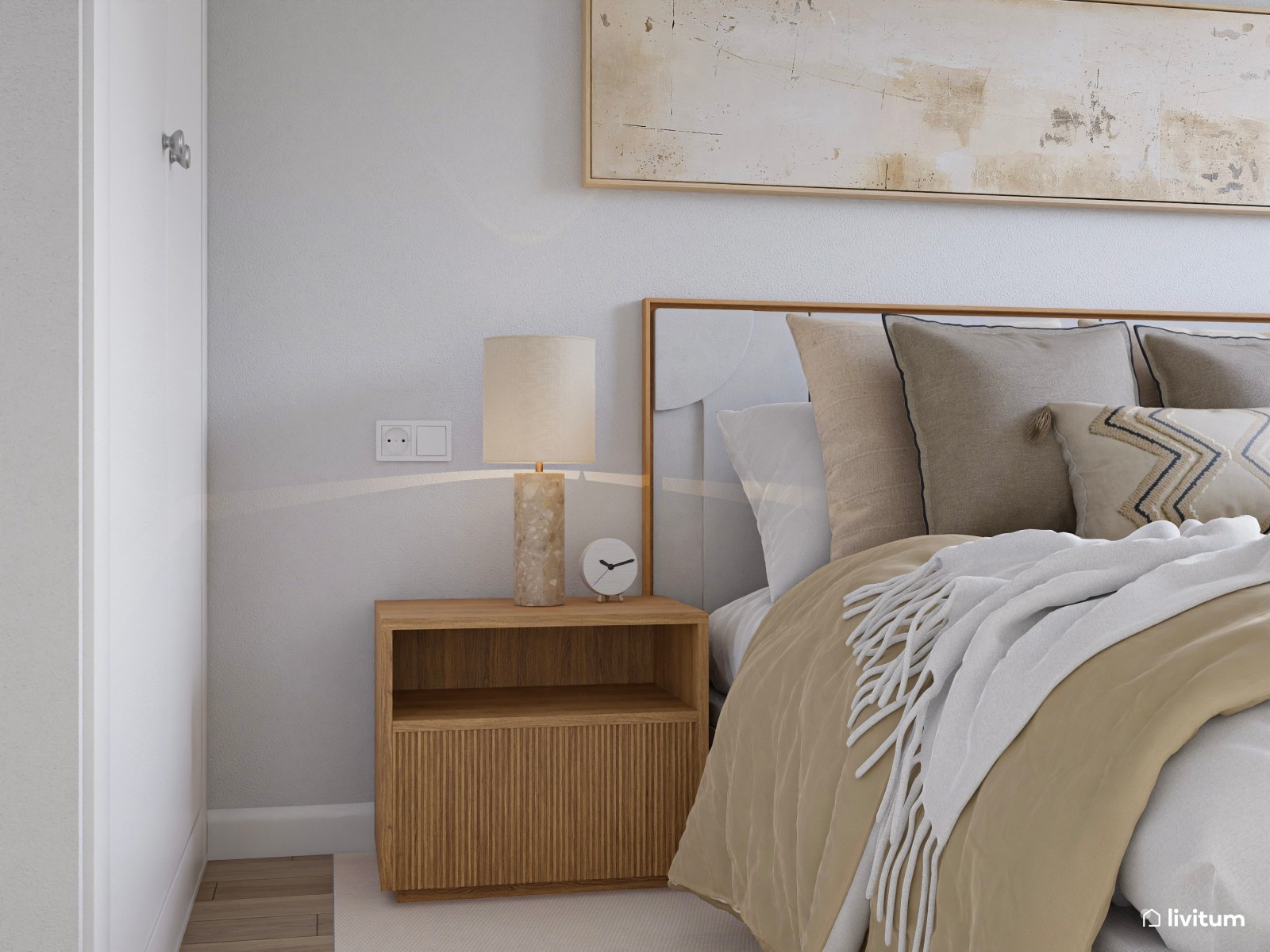 Dormitorio moderno con toques eclécticos y detalles en tonos beige
