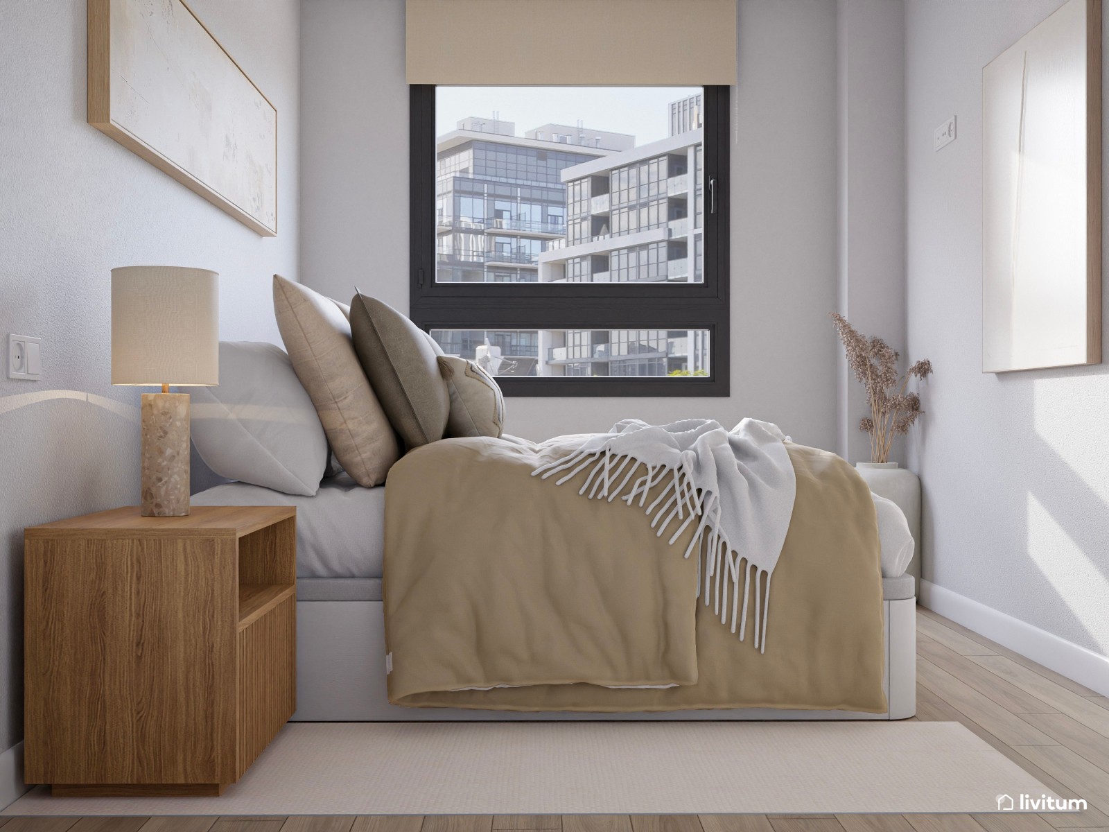 Dormitorio moderno con toques eclécticos y detalles en tonos beige