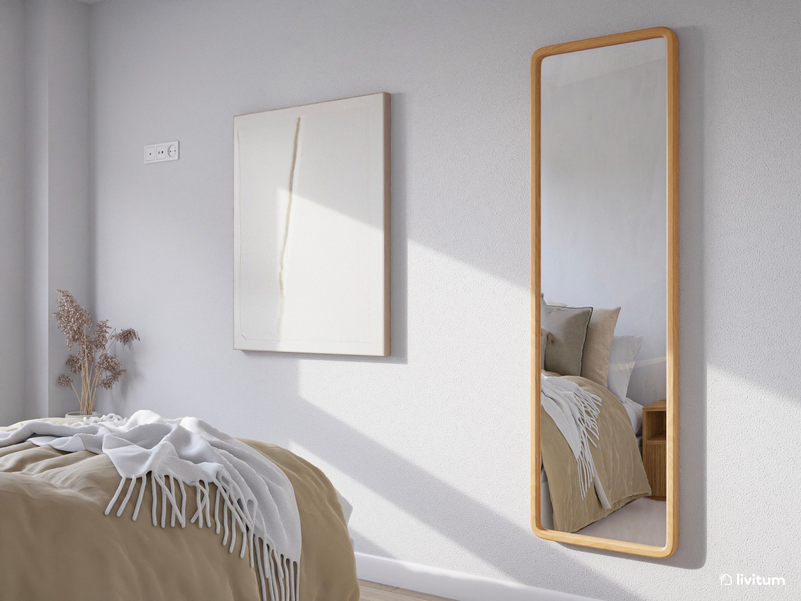 Dormitorio moderno con toques eclécticos y detalles en tonos beige