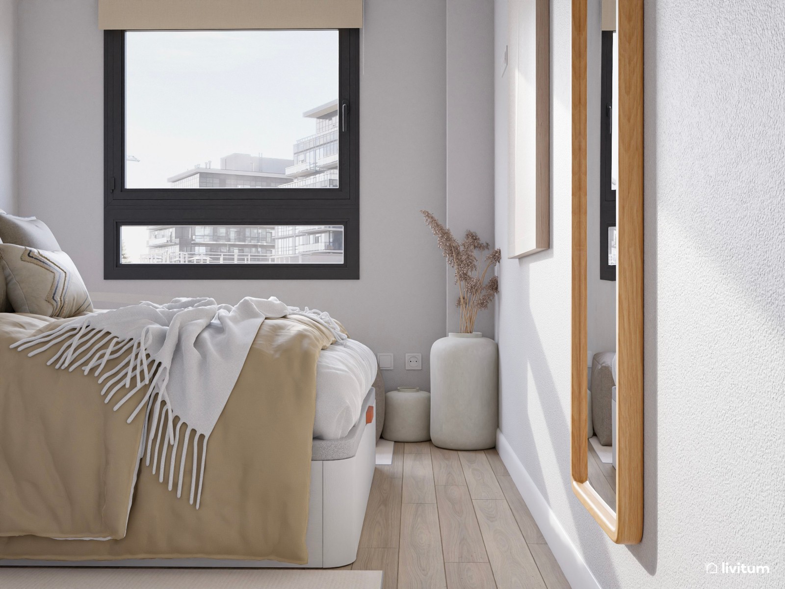 Dormitorio moderno con toques eclécticos y detalles en tonos beige