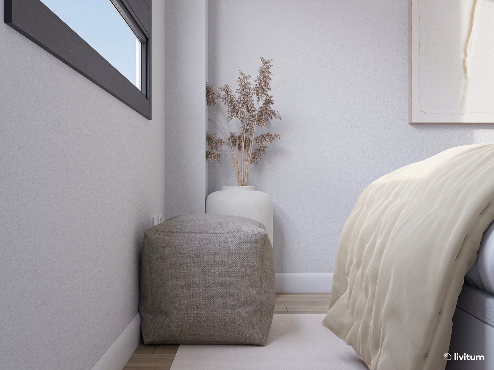 Dormitorio moderno con toques eclécticos y detalles en tonos beige