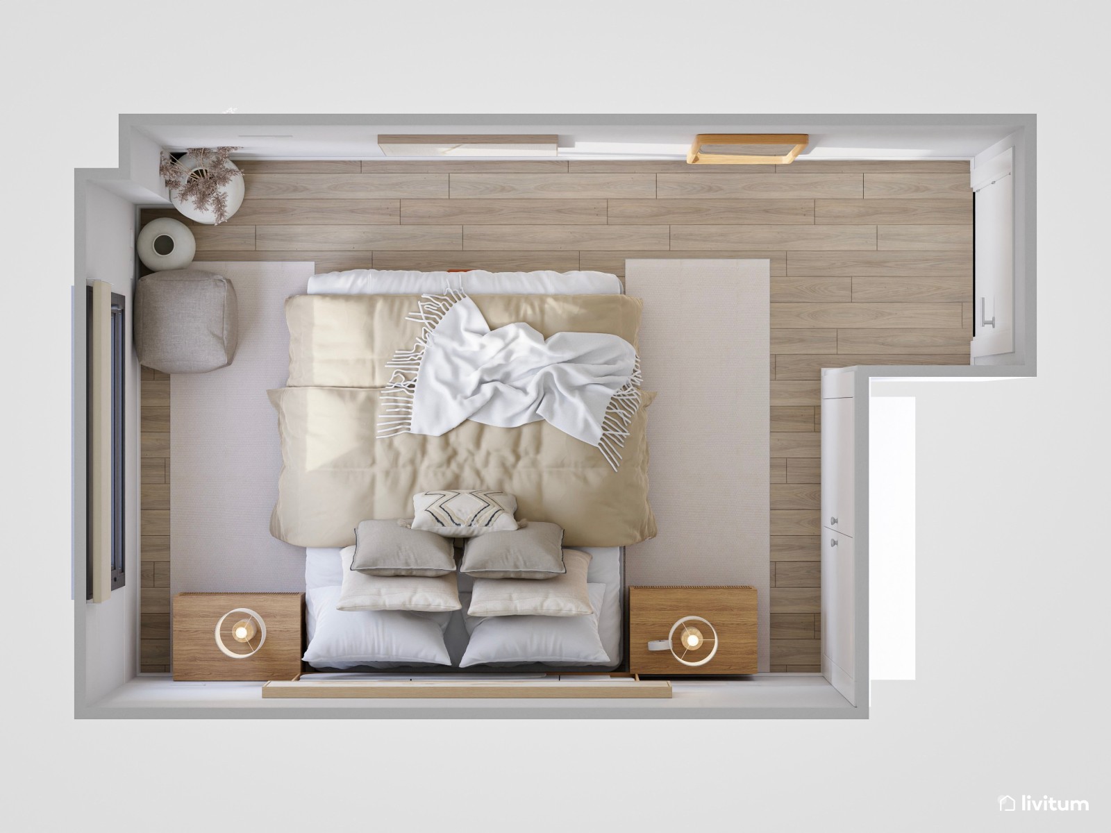 Dormitorio moderno con toques eclécticos y detalles en tonos beige