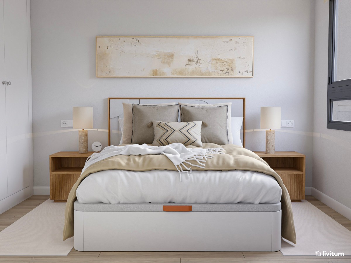 Dormitorio moderno con toques eclécticos y detalles en tonos beige