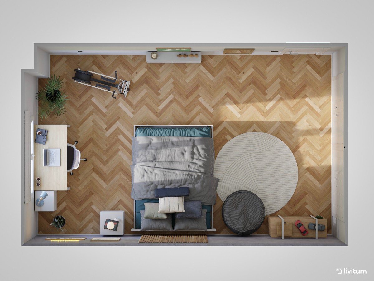 Dormitorio moderno con zona de trabajo y rincón de ejercicio - Livitum.com