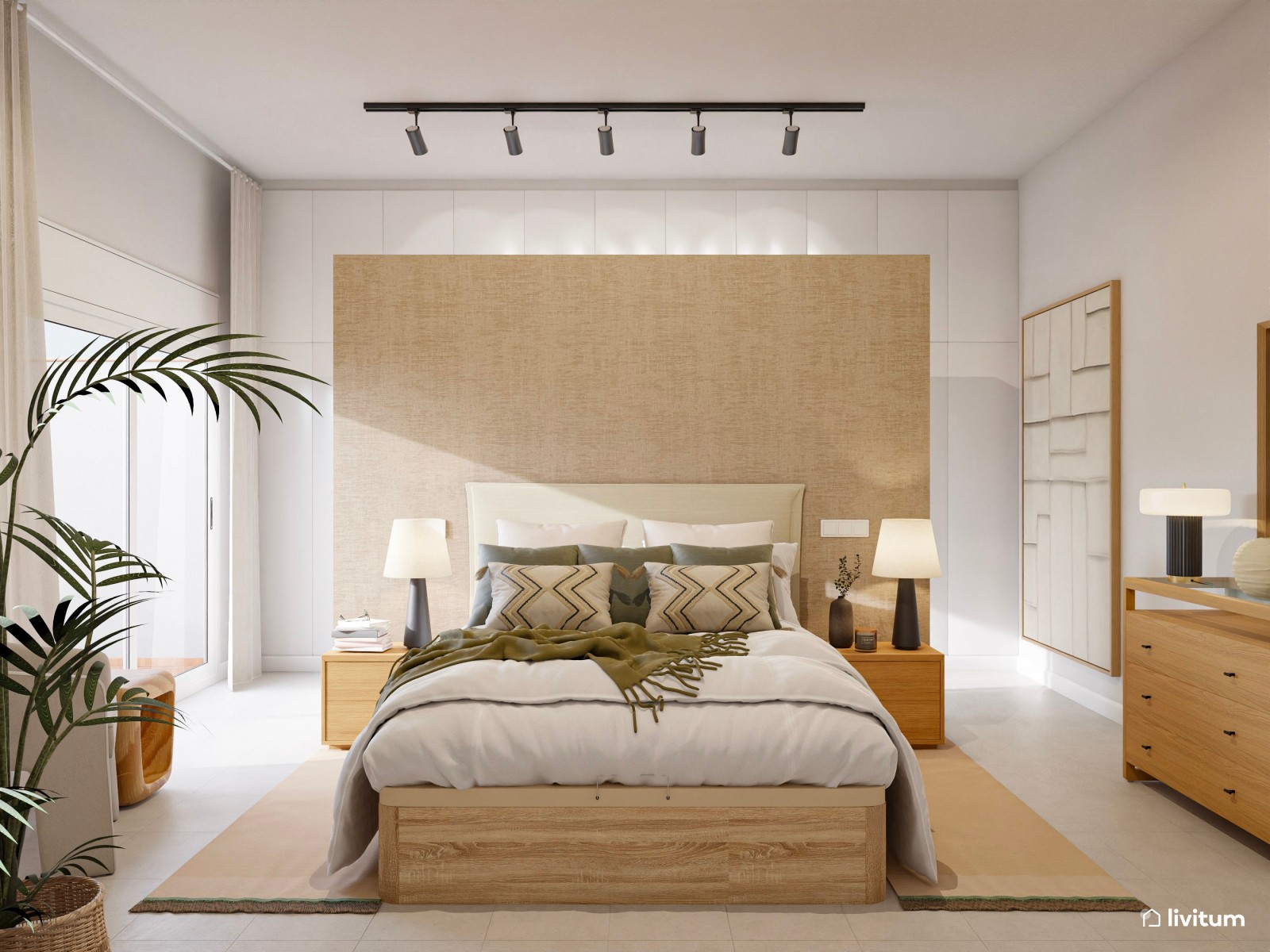 Dormitorio moderno de inspiración natural con vestidor integrado