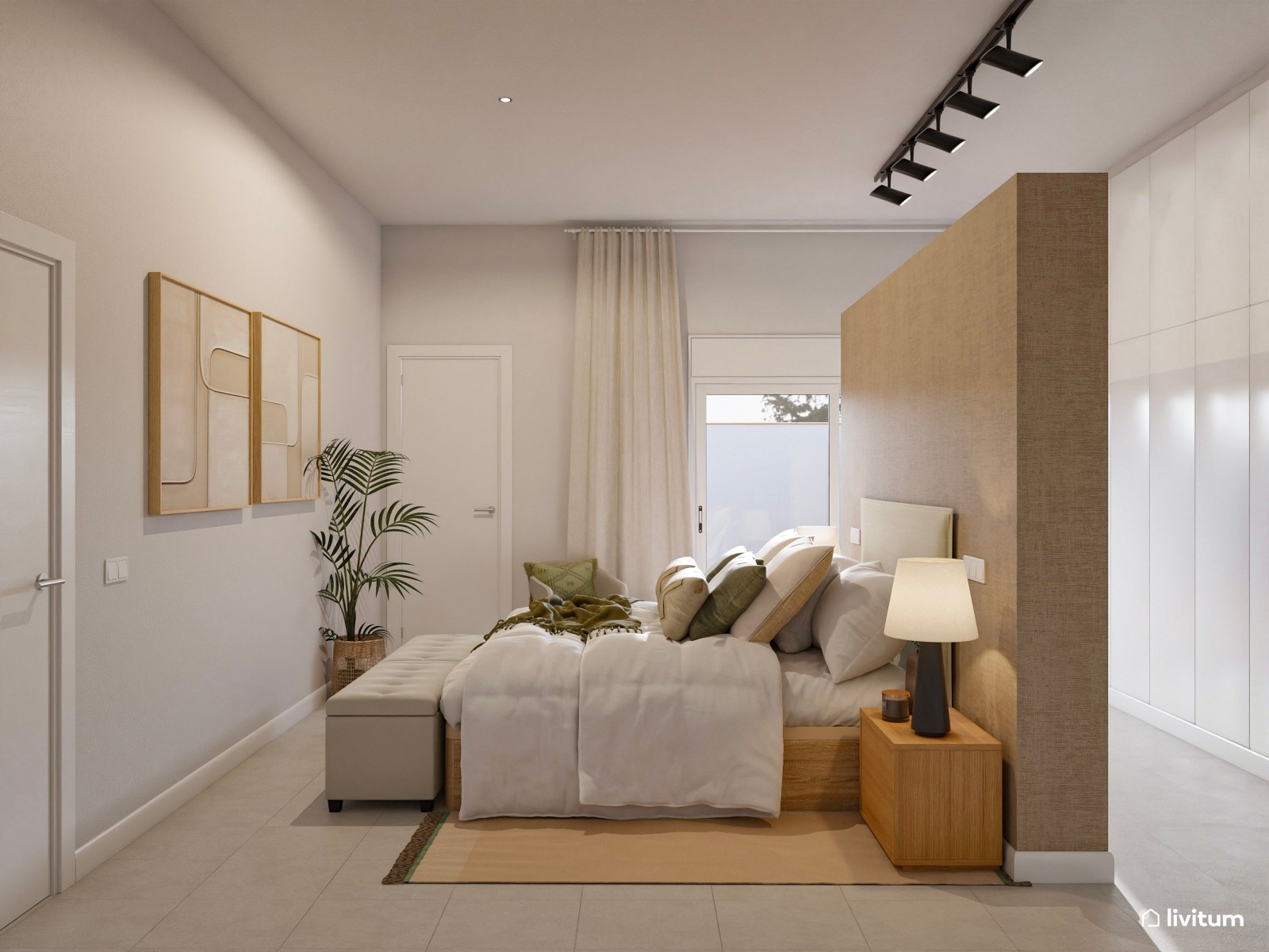 Dormitorio moderno de inspiración natural con vestidor integrado