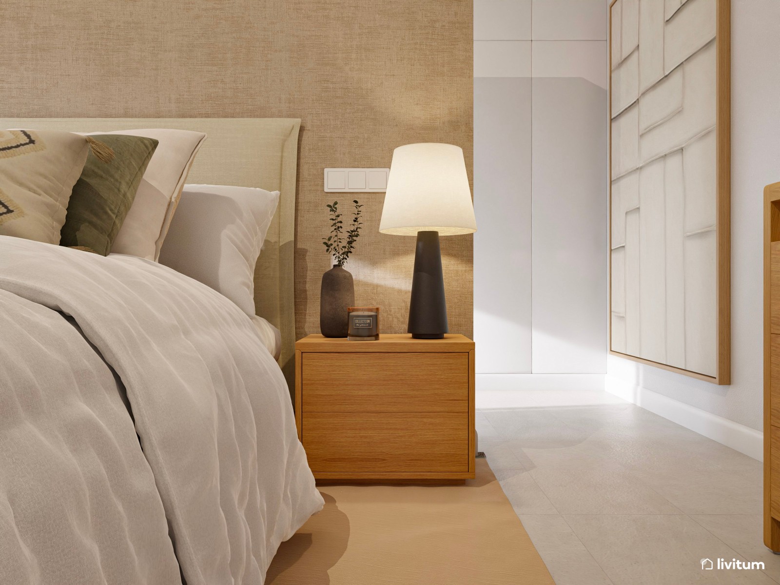 Dormitorio moderno de inspiración natural con vestidor integrado