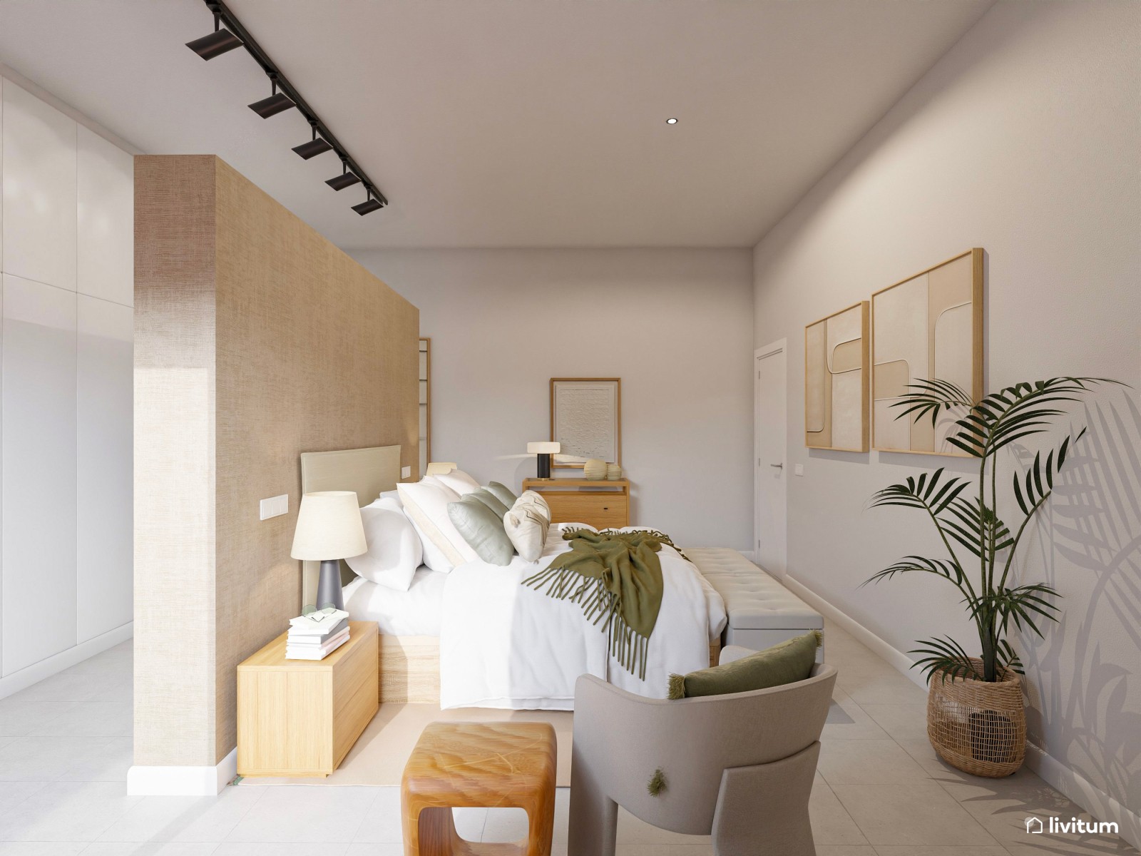 Dormitorio moderno de inspiración natural con vestidor integrado