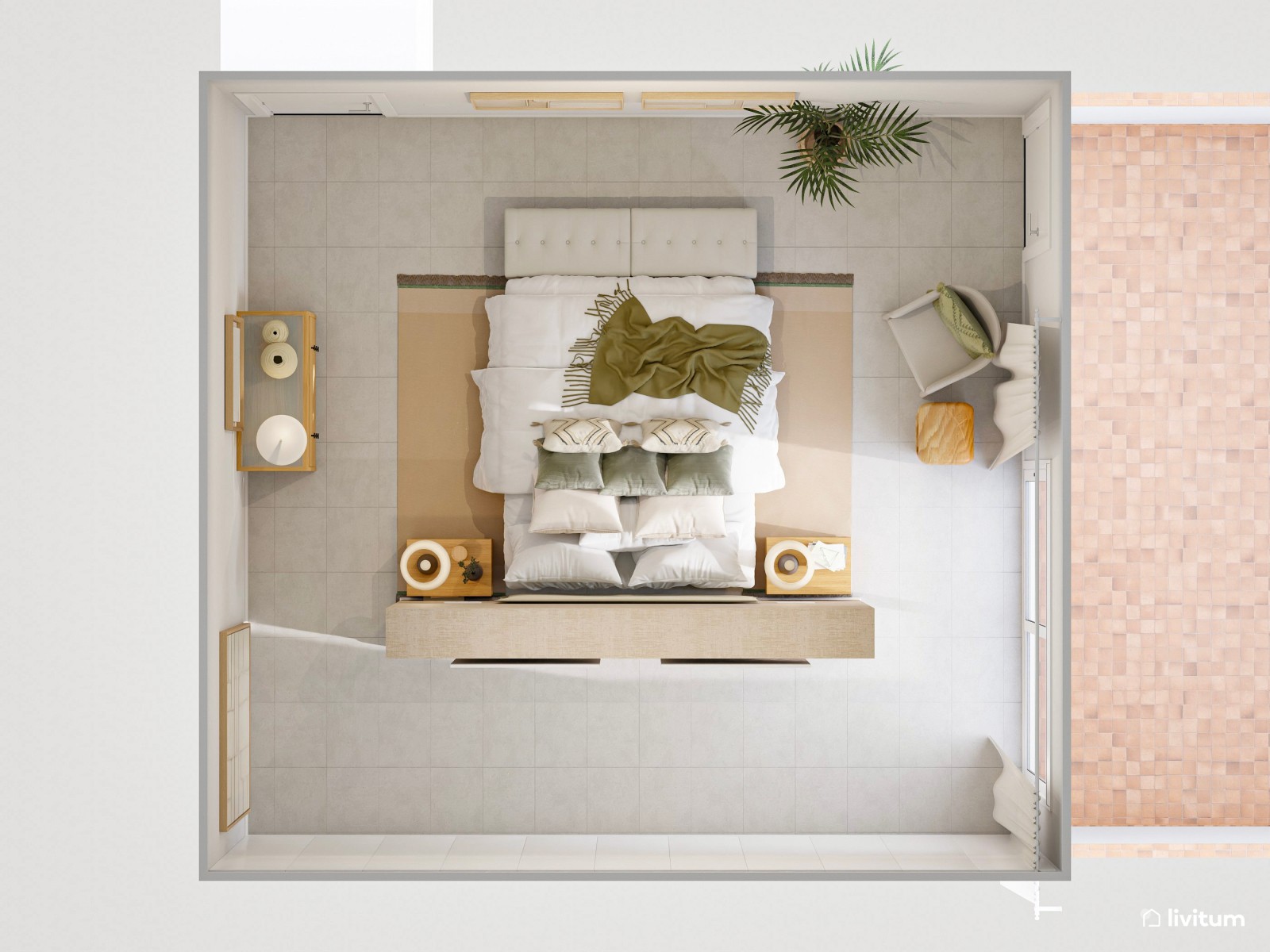 Dormitorio moderno de inspiración natural con vestidor integrado