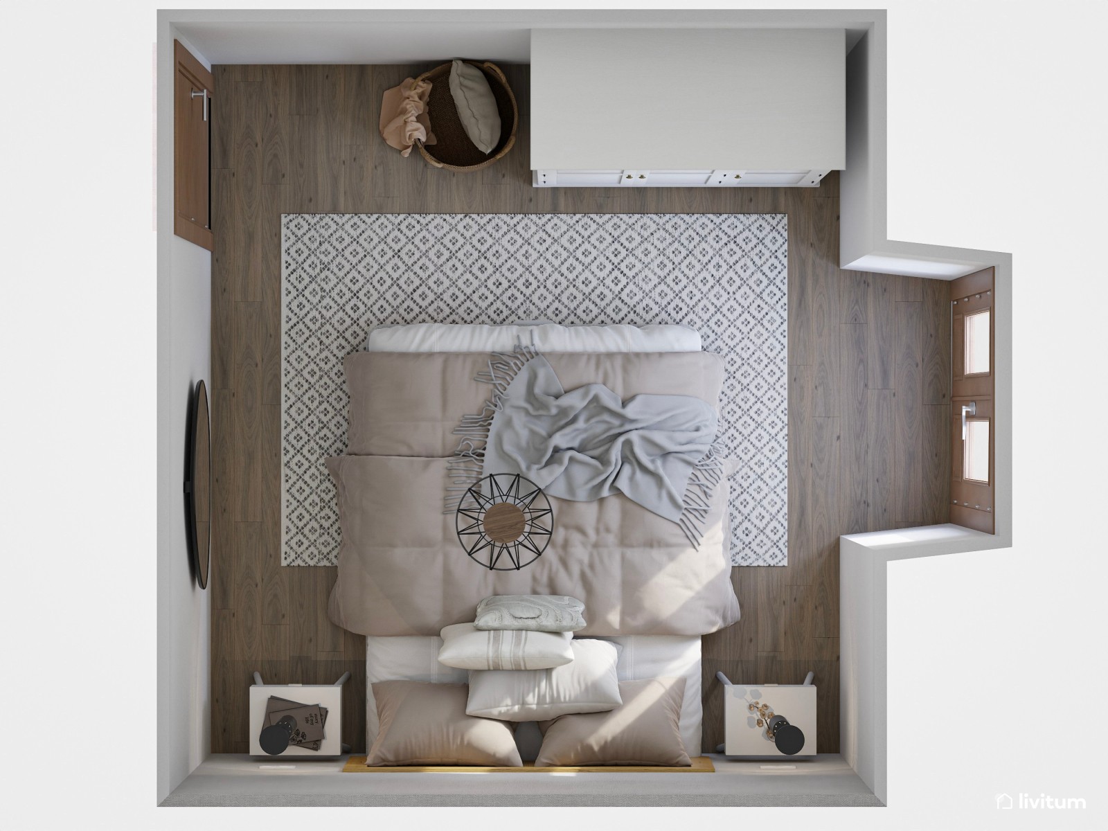 Dormitorio moderno decorado en una elegante gama de grises
