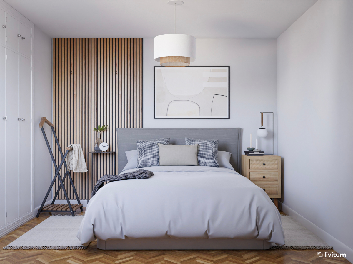 Dormitorio moderno e industrial con listones de madera